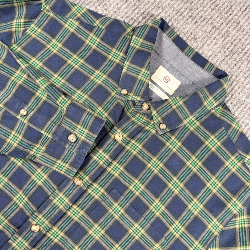 AG Adriano Goldschmied Shirt Mens L Navy Green Plaid Cotton Button Down